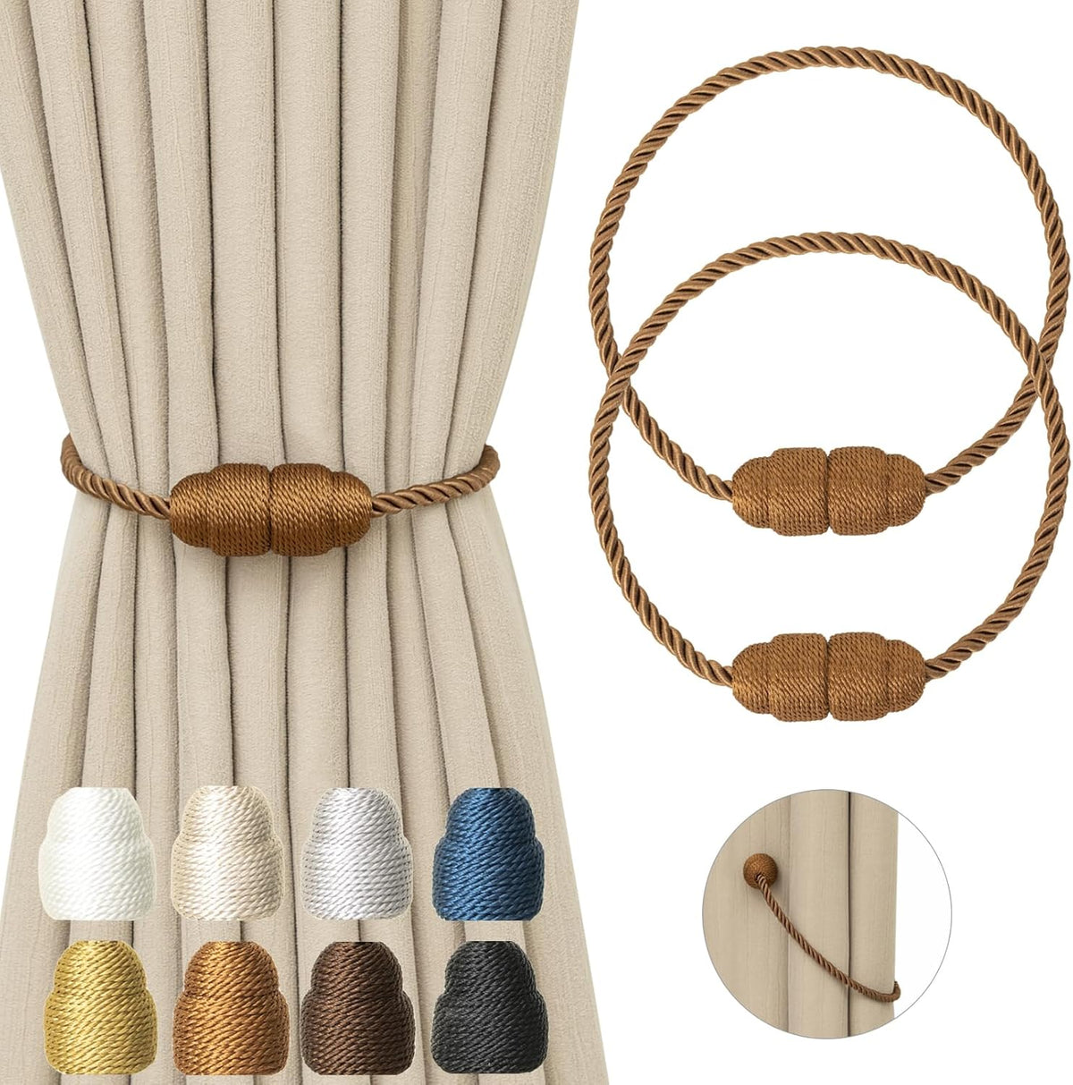 Magnetic Curtain Tiebacks Rope Curtain Tie Backs for Curtains 2 Pack Curtain Holders for Drapes Decorative Window Curtain Holdbacks, Khaki