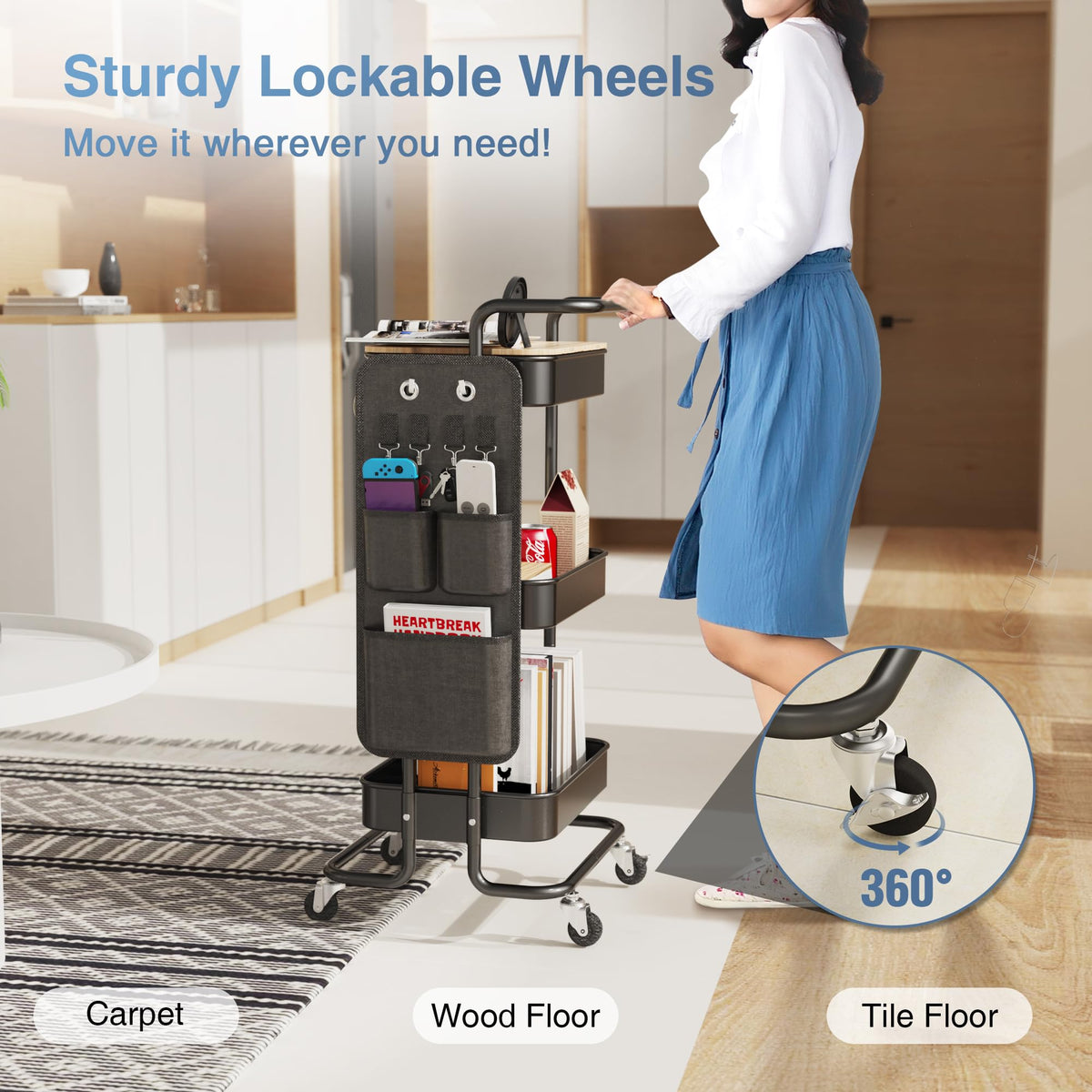 DTK 3 Tier Metal Utility Rolling Cart with Table Top and Side Bags, Tray Storage Organizer Wheels, Art Craft 4 Hooks for Kitchen Bathroom Office Living Room (Black)