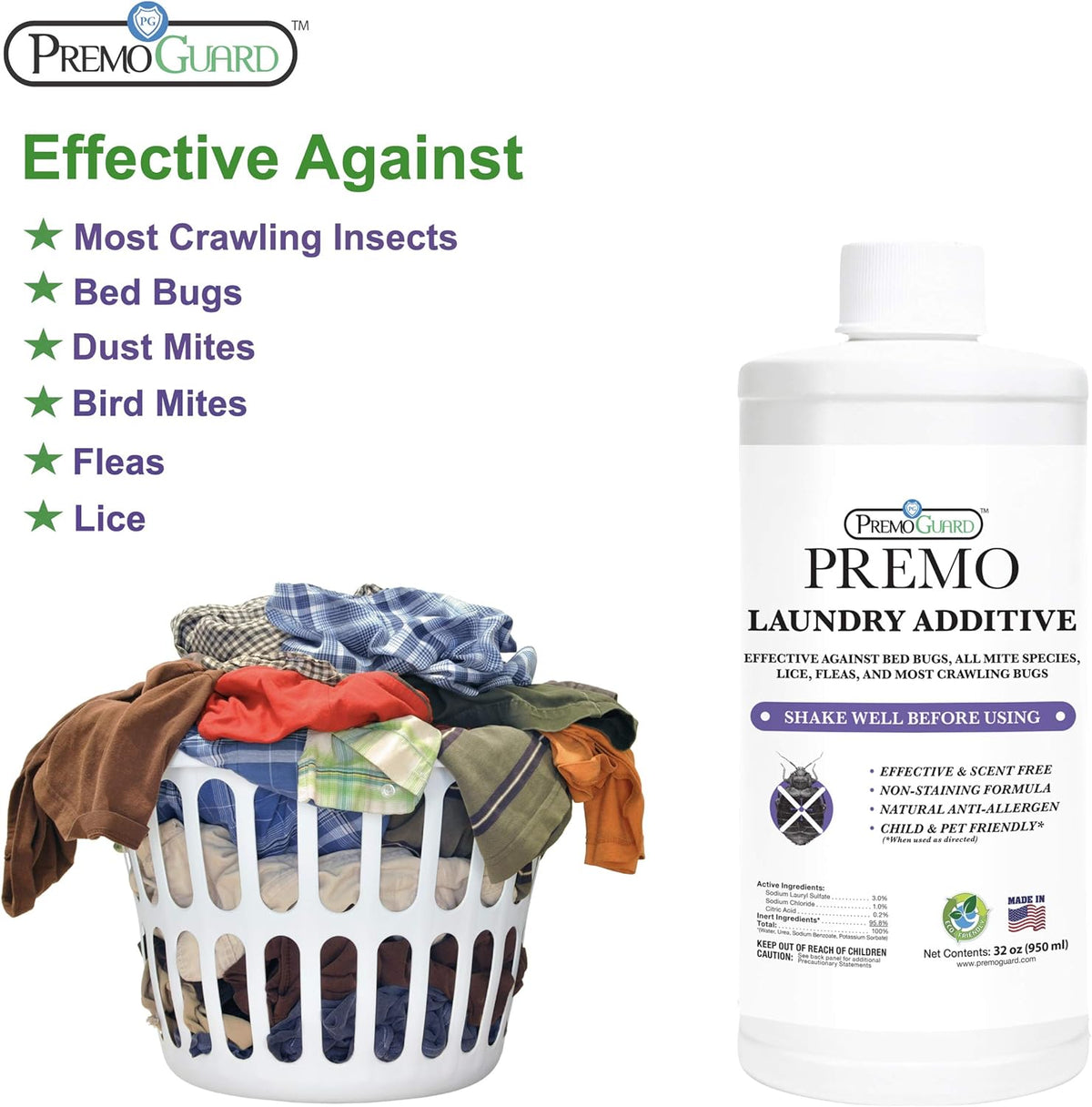 Bed Bug & Mite Laundry Detergent Additive by Premo Guard – 32 oz – Child & Pet Friendly – Stain & Odor Free – Best Natural Non-Toxin Treatment