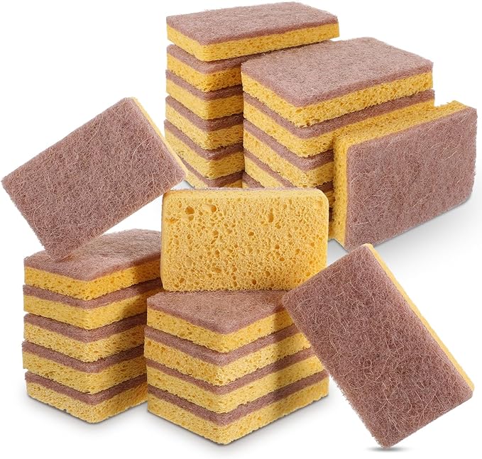 24 Pack Natural Kitchen Sponges – Eco-Friendly, Wood Pulp & Sisal Fiber Sponges for Dishes, Non-Scratch Cleaning