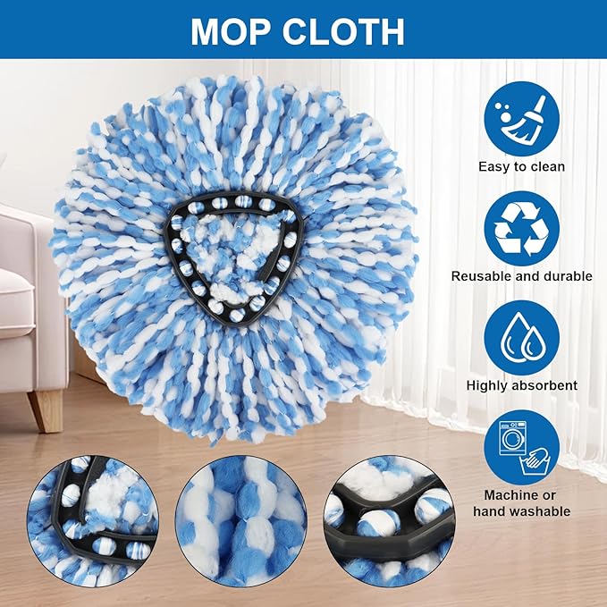 RinseClean Spin Mop Head Refill for Vileda EasyWring 2-Tanks System - Rotating Microfiber Triangle Replacement Pads Washable & Reusable fit All Floor - 4 Cloth 1 Mop Base 1 Handle and 1 Brush