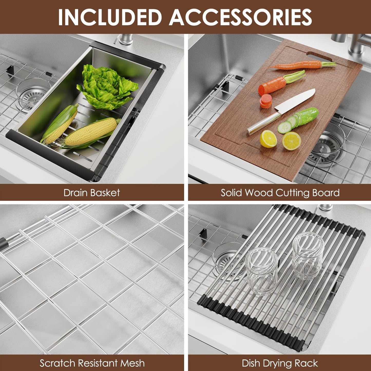 BURCHAIN 33x22 Inch Kitchen Sink Black Drop In Stainless Steel Kitchen Sinks 16 Gauge Single Bowl Workstation Luxury Top Mount Sink with 6 Accessories Include Glass Rinser (Brushed Nickel)