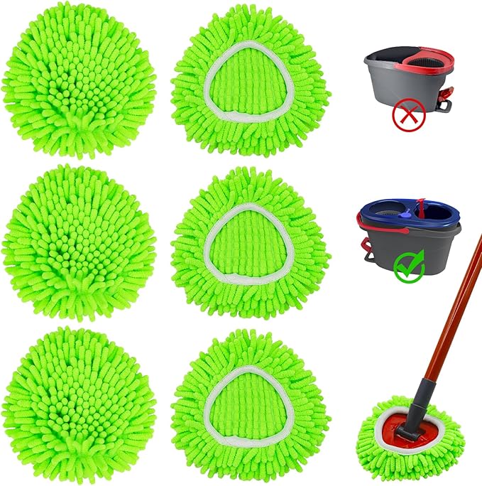 6 Pack Mop Replace Heads Mop Heads Replacements for O-Cedar RinseClean 2-Tank Spin Mop System,Chenille&Microfiber Mop Head Refills for Multi-Surface Floor Dry/Wet Use,Reusable and Washable,Green