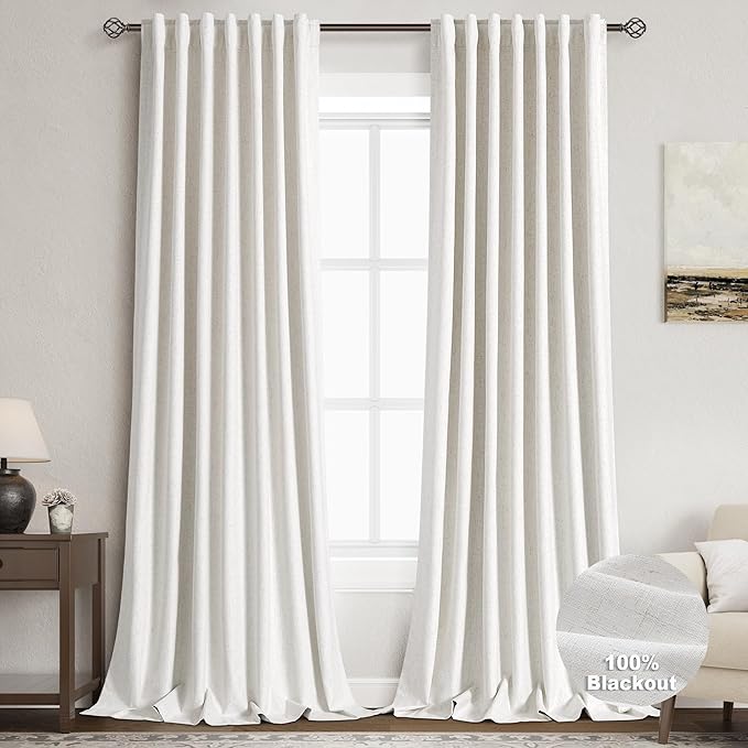 Linen Blackout 120 Inch Curtains for Living Room 2 Panels Set Cream Ivory Back Tab Textured Linen Drapes Farmhouse Thermal Insulated Long Curtains 120 Inches Long High Ceiling to Floor 10 Ft