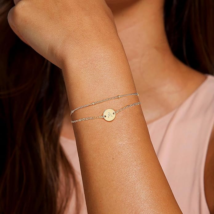 MONOZO Gold Bracelets for Women Girls Valentines Day Gifts, Dainty 18K Gold Plated Disc Monogram Letter A-Z Initial Bracelets for Women Trendy Personalized Letter Bracelet Valentines Day Gifts for Her