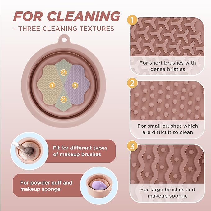 Makeup Brush Cleaner - Foldable Silicone Makeup Brush Cleaner Mat with Brush Storage Holder Makeup Brush Cleaning Bowl Cosmetic Brush Washing Tool for Cleaning Organizer and Drying (Nude Pink)
