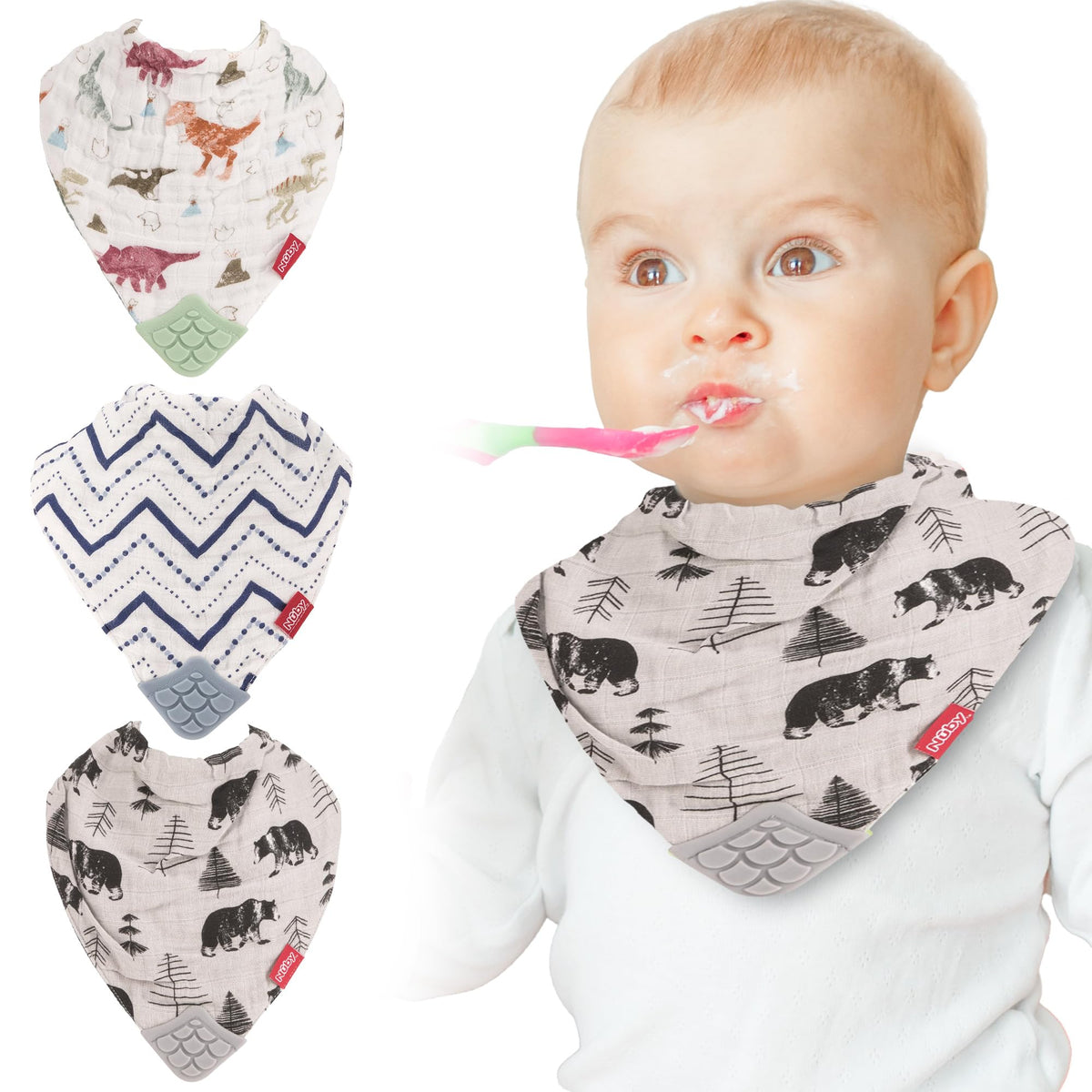 Nuby Baby Bibs - 3 Pc Muslin Bibs - Reversible 100% Natural Cotton Teething Accessory for Girls and Boys, Baby Essentials