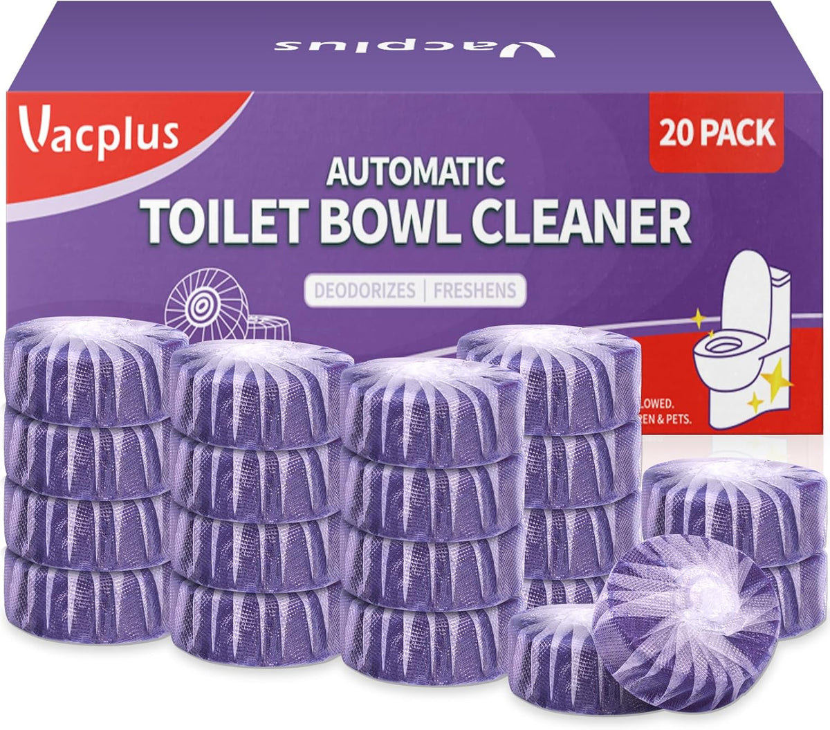 Vacplus Toilet Bowl Cleaners - 20 Pack Long-Lasting Toilet Cleaner Tablets, Prevent Stains & Deodorize, Purple