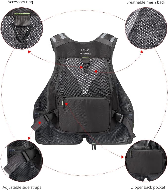 BASSDASH Strap Fishing Vest Adjustable for Men and Women, for Fly Bass Fishing and Outdoor Activities