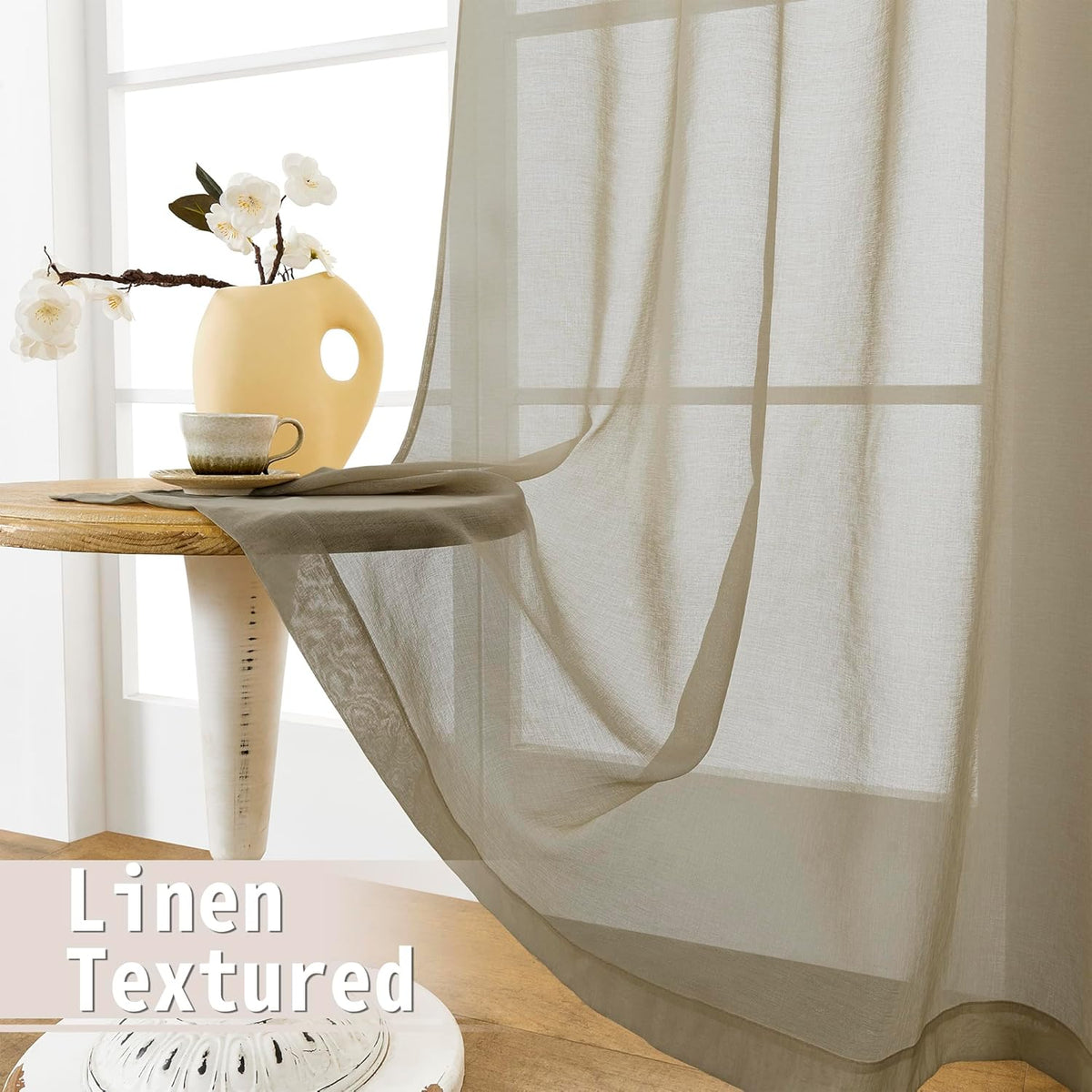 Tollpiz Sheer Door Curtains Closet Linen Textured Curtain Sheers Doorway Light Filtering Voile Patio Glass Door Rod Pocket Curtains French Door, 54 x 80 inches Long, Taos Taupe, Set of 1 Panel