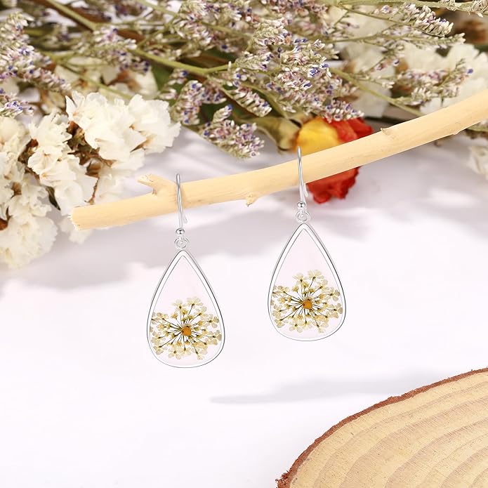 Forget-Me-Not and Queen Anne's Lace Pressed Wildflower Earrings | Pressed Flower Earrings | Handmade Drop and Dangle Earrings | Gift for Woman