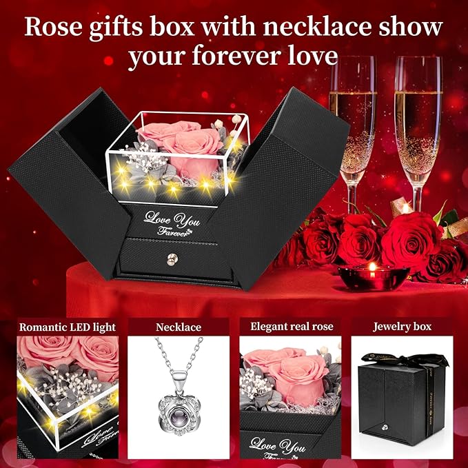 2 Preserved Real Rose with Heart I Love You Necklace- Eternal Rose Birthday Gifts for Women Wife Girlfriend Her Mom on Festivals Gifts Christmas Valentines Mothers Day Anniversary-Peach Pink Roses