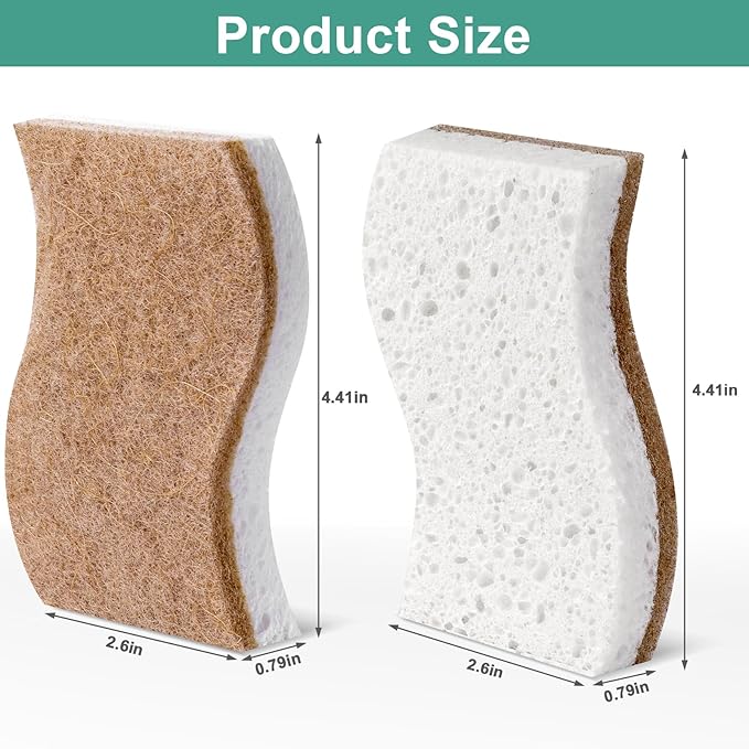 12Pack Natural Kitchen Sponge, Biodegradable Cellulose and Coconut Scrubber, Eco Friendly Sponges for Dishes