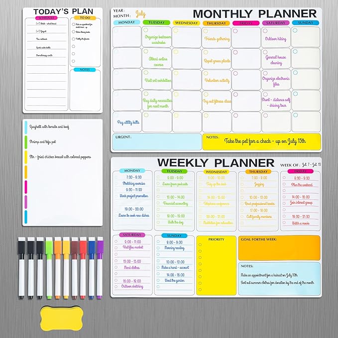 M&G Dry Erase Magnetic Fridge Calendar Set, 4 Pack- Monthly & Weekly & Daily Planner Whiteboard with 10 Markers and Eraser, Chore Chart for Refrigerator Wall Door, Family Schedule Planning Whiteboards