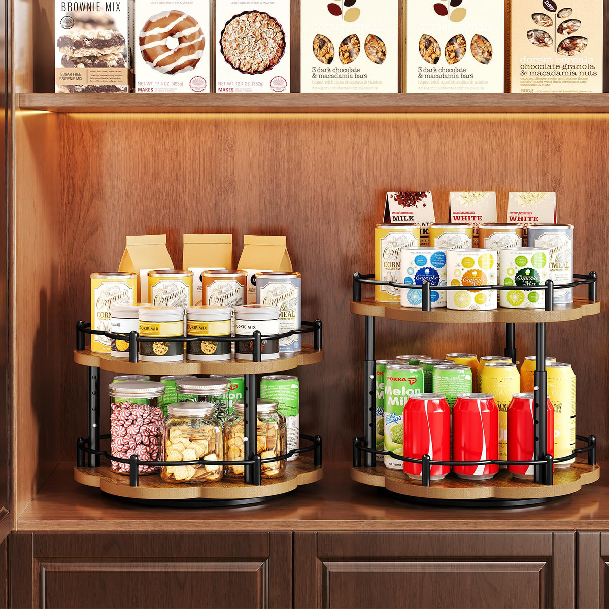 Spice Rack Lazy Susan Organizer for Cabinet, Rotating Spice Organization 2 Tier Adjustable Lazy Susan Turntable Spice Cabinet Organizer for Kitchen Countertop & Pantry, Wood 10 Inch Seasoning Storage