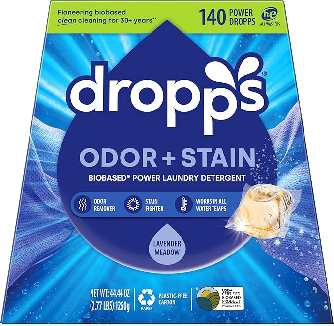 Dropps Odor & Stain Biobased Power Laundry Detergent Pods, Lavender Meadow(140 Count) - HE Compatible Laundry Pods for Fresh Clothes - Washing Detergent Soap Supplies & Recyclable Packaging