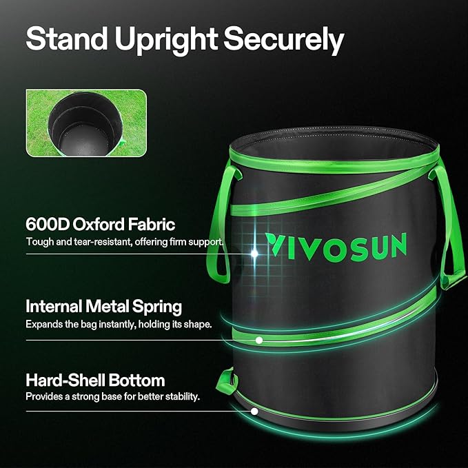 VIVOSUN 30-Gallon Collapsible Trash Can, Reusable Pop-Up Garden Bag with Hard-Shell Bottom, Leaf Scoops and Gloves, Yard Waste Container for Lawn Care and Camping, 2-Pack