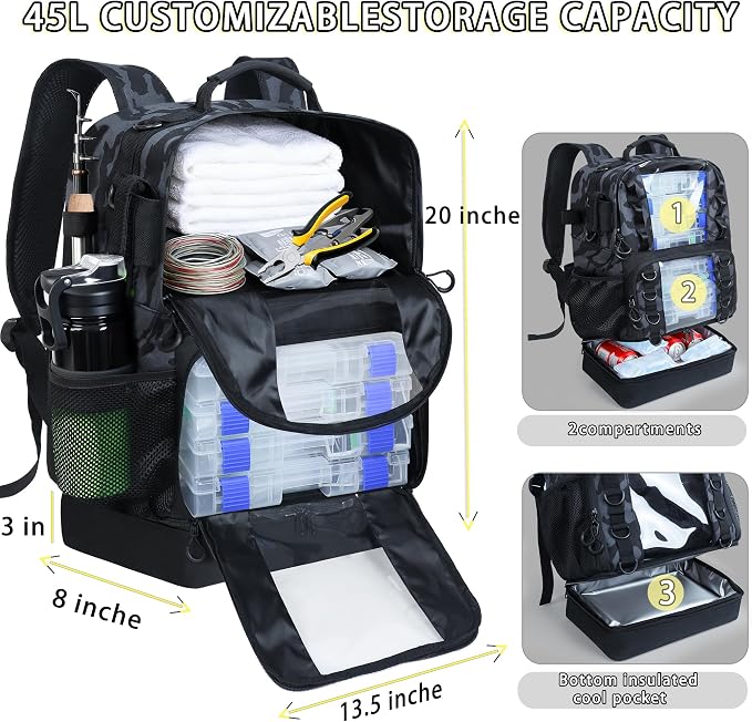 Fishing Tackle Backpack with Cooler,45L Large Tackle Bag with 2 Rod Holders & Clear Window,Outdoor Fishing Backpack for Fishing,Camping,Hiking,Camouflage Black