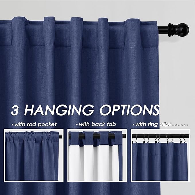 Nanspring 100% Blackout Linen Curtains 120 Inch Long 2 Panels Classic Blue Modern Urban Drapes Extra Long 10 FT Back Tab Pocket Thermal Insulated Curtains for Dining Room High Ceiling 52X120