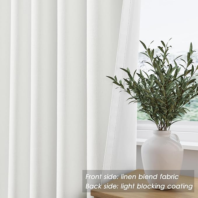 Nanspring Ivory Linen 100% Blackout Curtains 2 Panels Set Back Tab Rod Pocket Thermal Insulated Textured Black Out Curtains for Bedroom Living Room 52x98