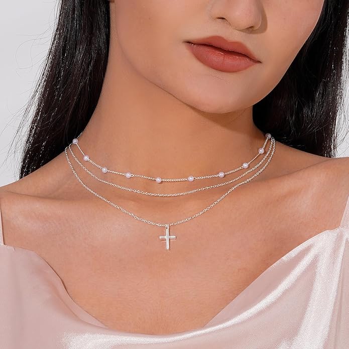 Layered Gold Necklaces for Women, Stackable 14K Gold Plated Necklace, Dainty Cross/Circle/Heart Pendant layered Necklace, Adjustable Dainty Gold/Silver Necklace Jewelry Set for Women