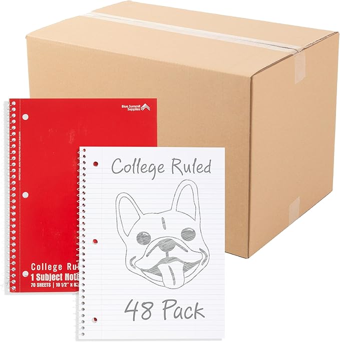 Blue Summit Red Spiral Notebooks Bulk, One Subject Spiral Notebook College Ruled, Perforated Notebook, 8 x 10.5 for Work and School, Paper, College Ruled, Bulk 48 Pack