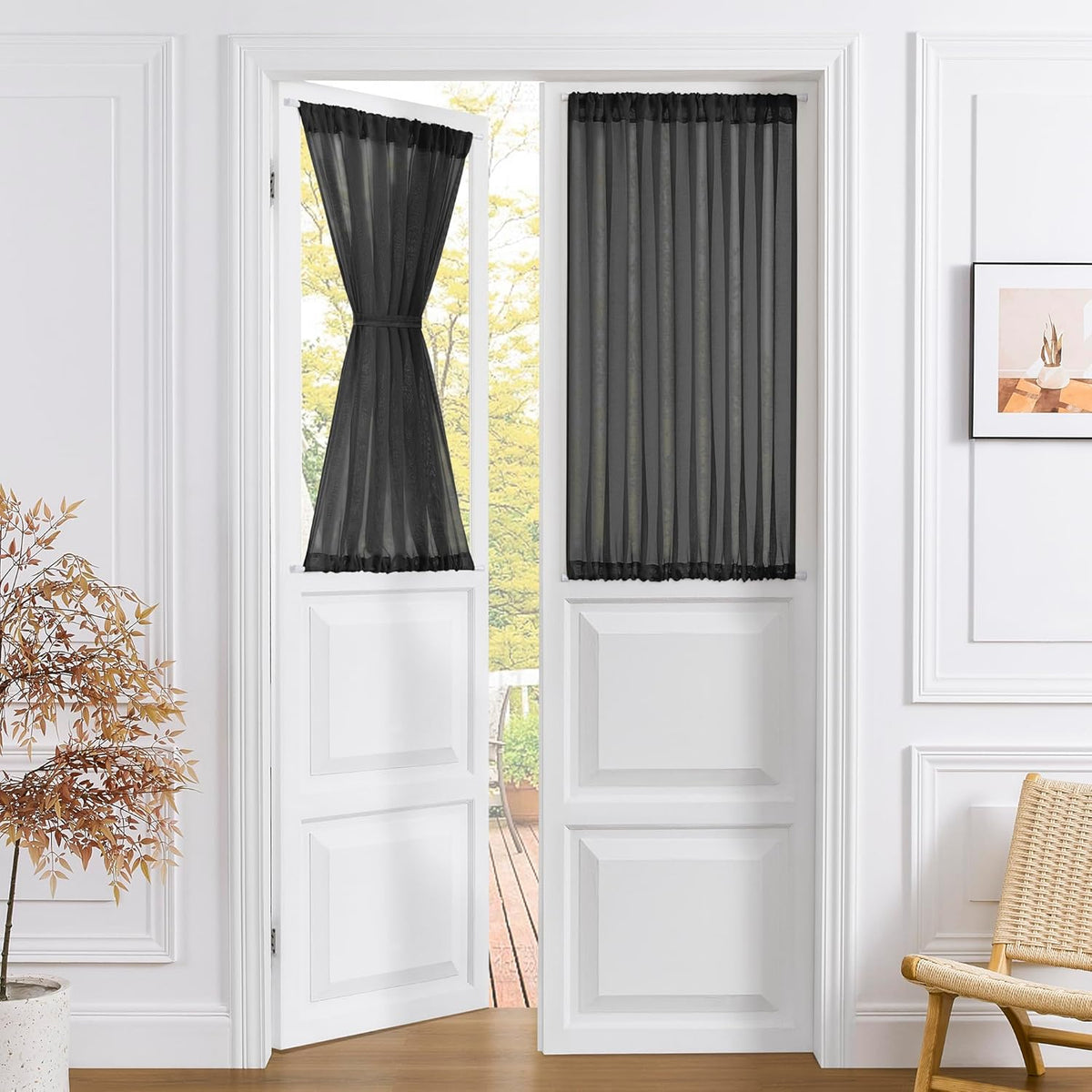 Tollpiz Short Sheer Curtains Closet Linen Textured Curtains Sheer Doorway Light Filtering Voile Patio Glass Door Rod Pocket Curtain French Door, 54 x 40 inches Long, Black, Set of 1 Panel