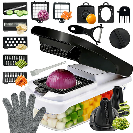 KISIQI Vegetable Chopper With Container 4.5" x 9", 17-in-1 Food Chopper with Onion Slicer & Potato Slicer, Built-in Storage Box for Kitchen Gadgets, Includes Safety Gloves & Peeler for Home Essentials
