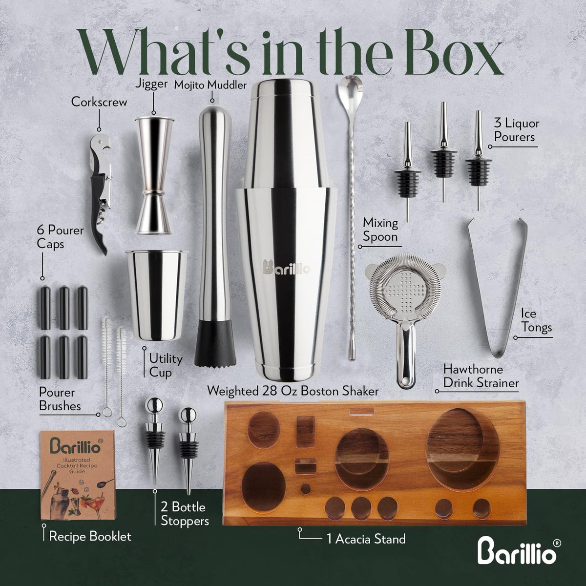 Barillio Bartender Kit – 23-Piece Stainless-Steel Cocktail Shaker Set with Premium Acacia Stand | Martini Barware Mixing Tools for Home Bartending | Gift Set