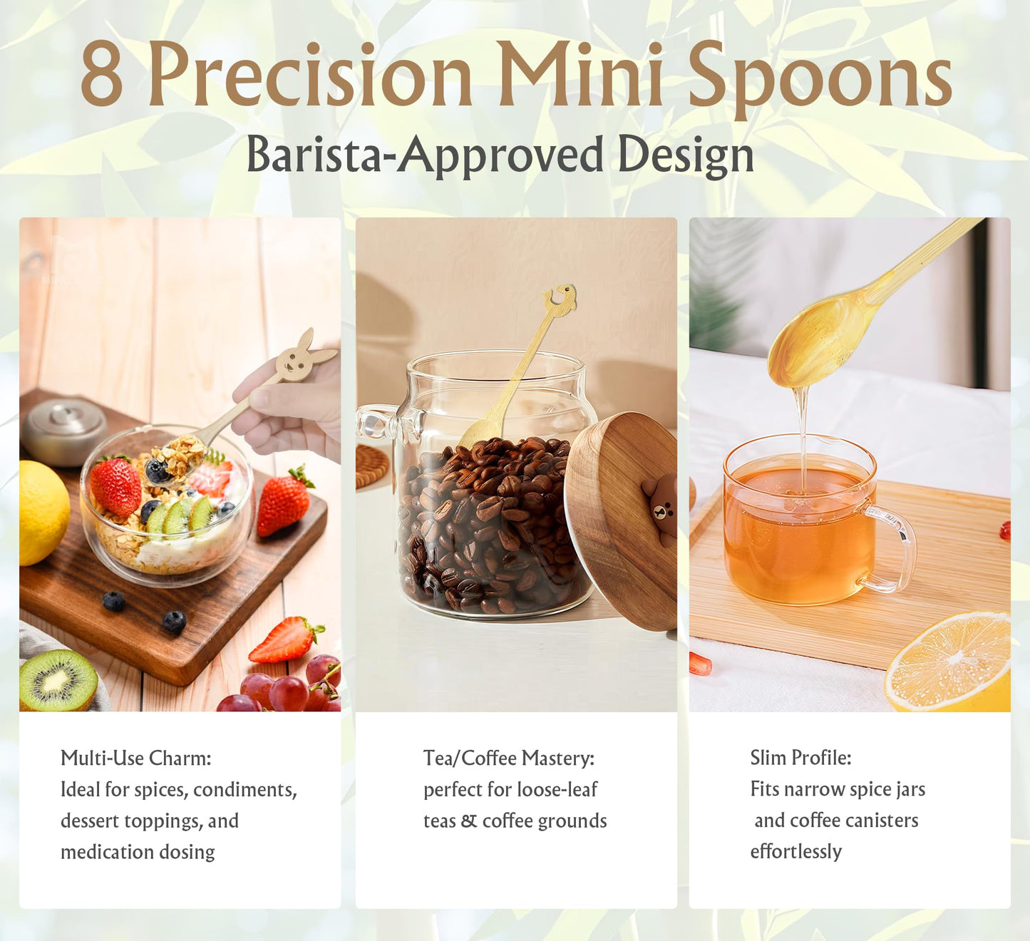 JUJIU 14-Piece Bamboo Wooden Kitchen Utensil Set - 6 Non-Scratch Heat-Resistant Cooking Tools with Storage Holes + 8 Small Spoons for Coffee, Tea, Eco-Friendly Sustainable Kitchen Gift Set