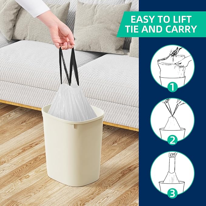 2.6 Gallon Mini Drawstring Trash Bags, Small Garbage Bags by KSSKSS, Code a fit 10-15 Liter, 2.6-4 Gal, White Trash Bin Liners for Home Office Kitchen Bathroom Bedroom, 120 Counts