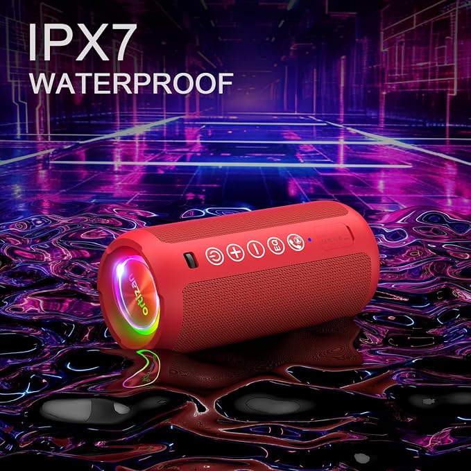 Ortizan Portable Bluetooth Speaker: IPX7 Waterproof, 24W Loud Sound, Deep Bass, Bluetooth 5.3, LED Lights, Wireless Stereo Pairing, 30H Playtime, for Home/Outdoor/Party/Beach, Birthday Gift (Red)