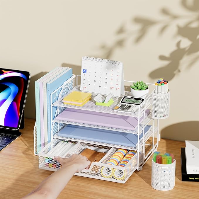 Marbrasse Desk Organizer and Accessories，4-Tier Paper Letter Tray Organizer with File Holder, Desk Accessories & Workspace Desk Organizers with Drawer and 2 Pen Holder (White, 15.4" x 9.1" x 8.3")