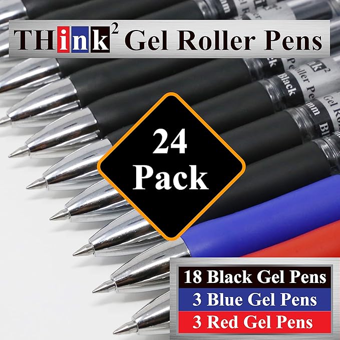 THINK2MASTER [24 Pens - 3 Colors] Think2 Retractable Gel Pens. (18 Black, 3 Red, 3 Blue) Fine Point (0.5mm) Rollerball Pens with Comfort Grip.