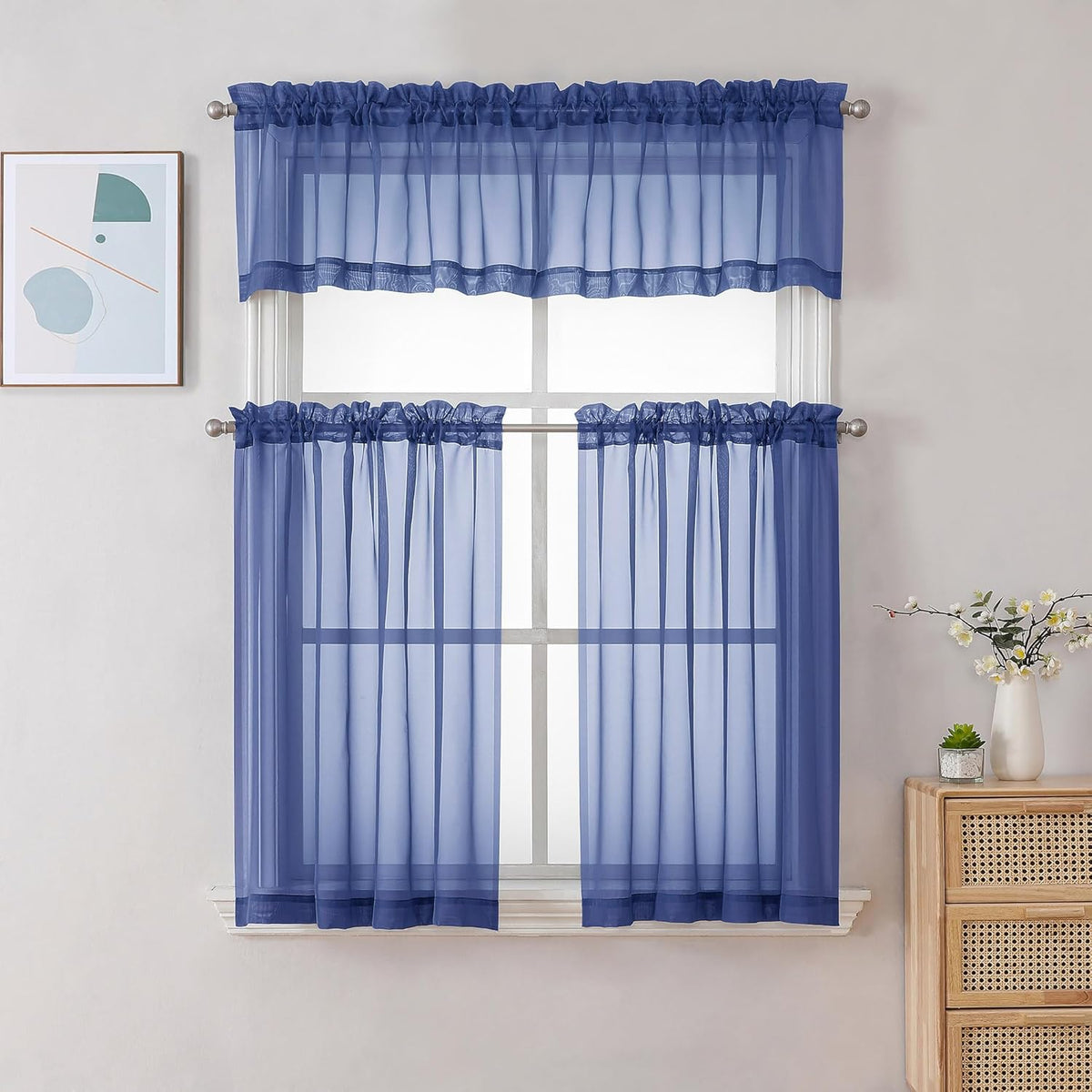 Chyhomenyc Sheer Valances for Windows 2 Pack, Small Window Curtains for Living Room Bathroom Cafe Laundry Basement, Modern Top Dual Rod Pocket Voile Curtain, 42W x 18L inches, Royal Blue