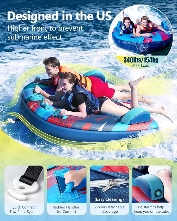 2025 Upgrade Towable Tubes for Boating 1-3 Riders Inflatable Water Sport Towable Tube for Boat Heavy Duty Nylon Cover with Zipper Bolster Fins Safety Air Valve Padded Handle