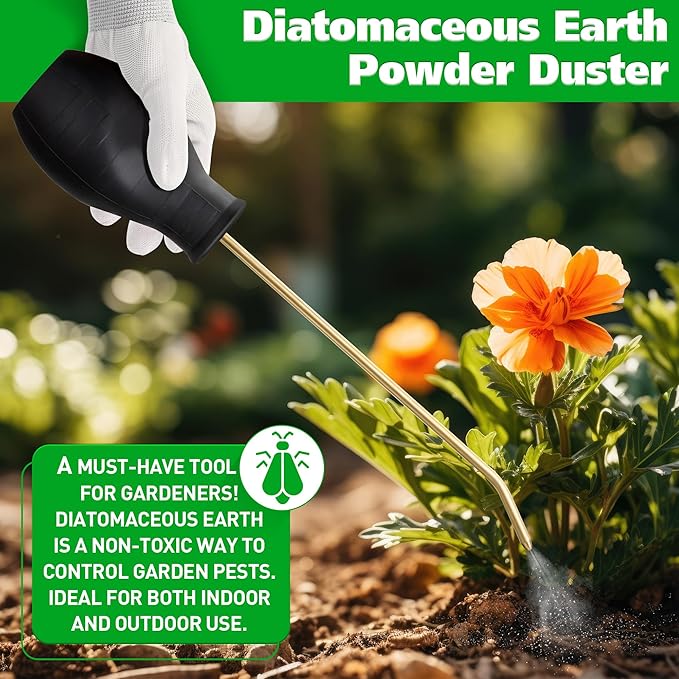 Qualirey Diatomaceous Earth Powder Duster, Garden Powder Applicator Dispenser with Long Metal Tube, Bulb Duster Sprayer Insect Duster for Home Powders for Organic Gardening Agricultural Supply