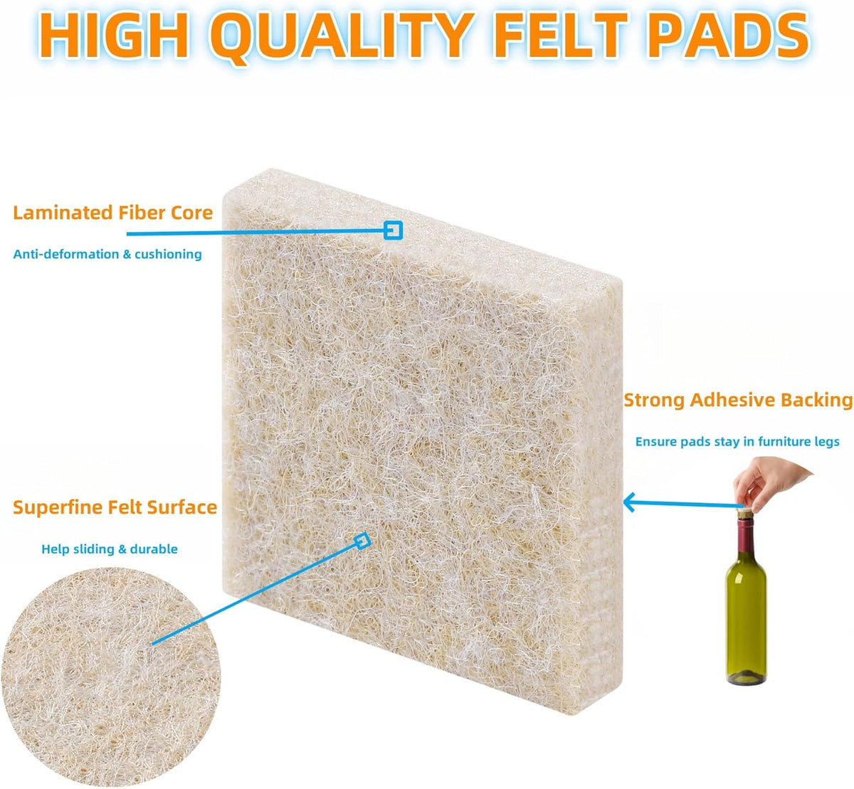 Furnigear Felt Furniture Pads for Hardwood Floor - Self Adhesive Chair Felt Pads, Floor Protector for Furniture Feet, Furniture Sliders Moving Your Furniture Smoothly - Anti Scratch 96 Pcs 3/4" Square