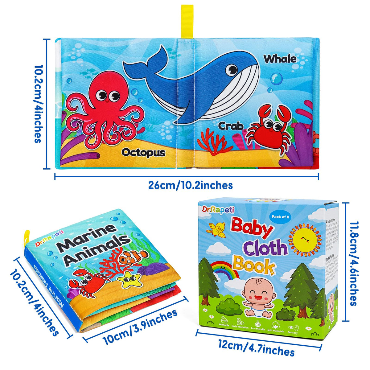 Dr.Rapeti Soft Cloth Books Baby Books Bath Books 8-Pack for Baby Infant Toddler Kid Crinkle Washable Chewable Early Educational Preschool Learning Giftable