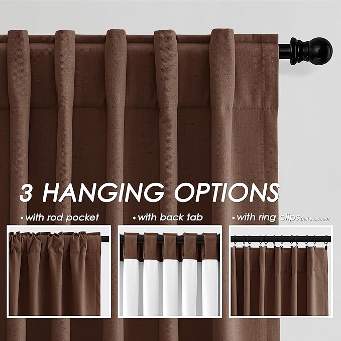 Full Black Out Rustic Brown Window Curtains 96 Inches Long Back Tab Rod Pocket Sound Absorbing Light Blocking 2 Panels Set for Dining Room Neutral Rustic Modern Farmhouse Curtains Drapes 52x96