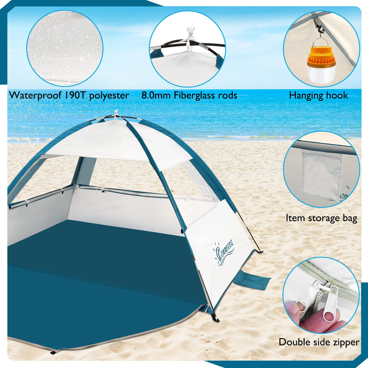 COMMOUDS Beach Tent Sun Shade for 3/4-5/6-7/8-10 Person, UPF 50+ Beach Sun Shelter Canopy Tent, Lightweight, Easy Set Up and Carry