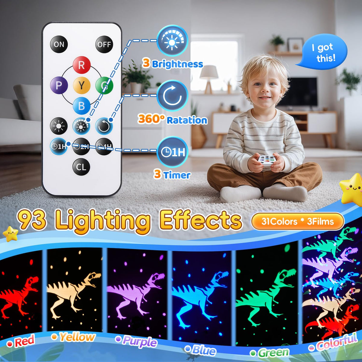 Dinosaur Toys for Kids 2-4,【Remote+3 Films+93 Effects】Dinosaur Toys for Kids 5-7,【3 Timer+5 Brightness】Toys for 5 Year Old Boy Toys Age 3,Rotate Night Light Projector,Toddler Night Light Projector