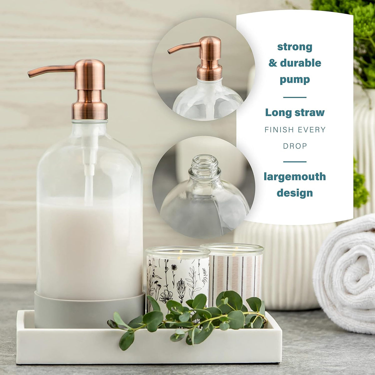 32 oz Glass Pump Bottle Rustproof Stainless Steel Pump, Funnel, and Lids. Modern Farmhouse Vintage Jar, Large Glass Shampoo Bottles with Pump and Laundry Soap Dispenser - Rose Gold