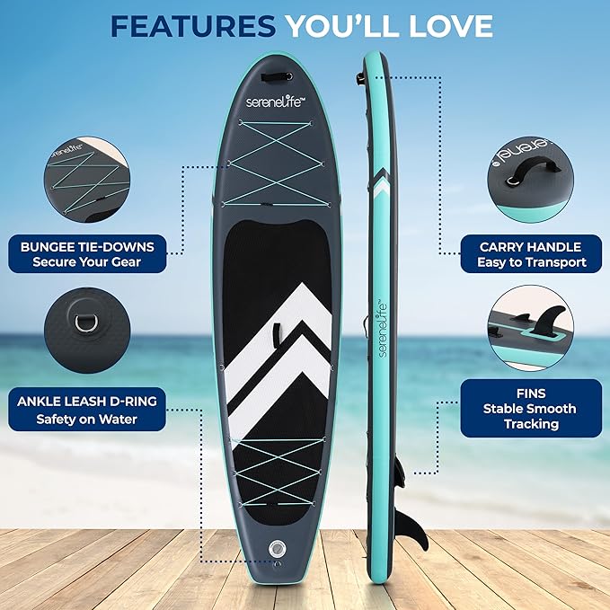 SereneLife 10’6" Inflatable Stand Up Paddle Board with Premium SUP Accessories - Wide Stable Design with Non-Slip EVA Deck Pad, for Youth and Adults, 350 lbs. Capacity