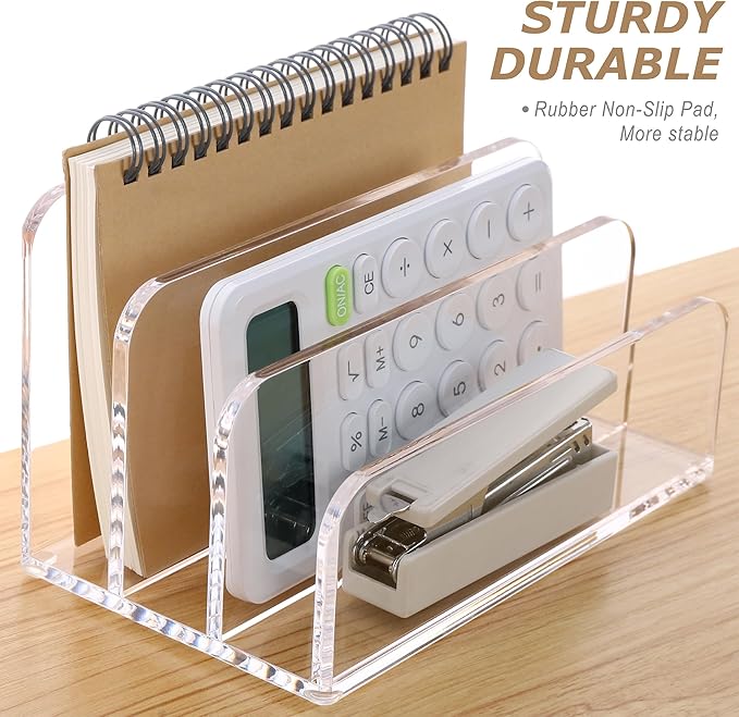 SANRUI Acrylic File Mail Desktop Organizer Sorters,3 Compartments Laddered Clear Desk Letter Organizer Office Document Sorter,Multifunction Envelope Folder Racks Holders for Office,Home, School