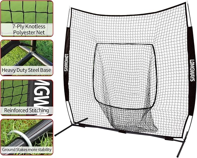 7x7ft/8x8ft Baseball Softball Net with Steel Frame for Batting, Hitting, Pitching, Portable Baseball Batting Net with Carry Bag, Great for All Levels