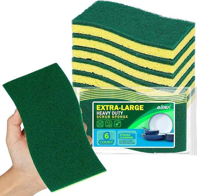 AIDEA XL Scrub Sponges 6Count, Heavy Duty Sponges for Dishes, Extra Large Sponge for Cleaning Kitchen and Household, Heavy Duty Sponge Safe for Non-Coated Cookware, Cleaning Power for Bathroom, House