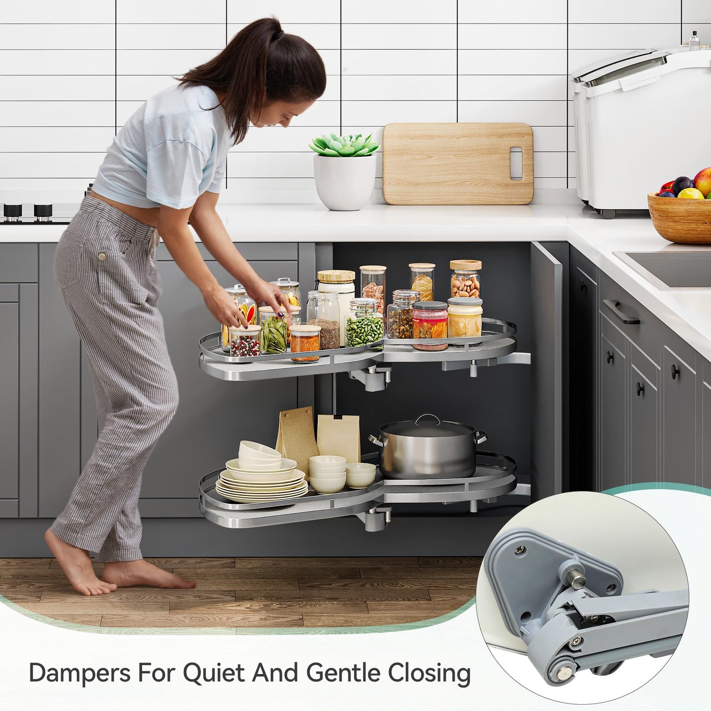 YITAHOME 32" Blind Corner Pull-Out Organizer, Soft-Close Swing-Out 2-Tier Height-Adjustable Lazy Susan, Left Swing Pull Out Organizer, Gray