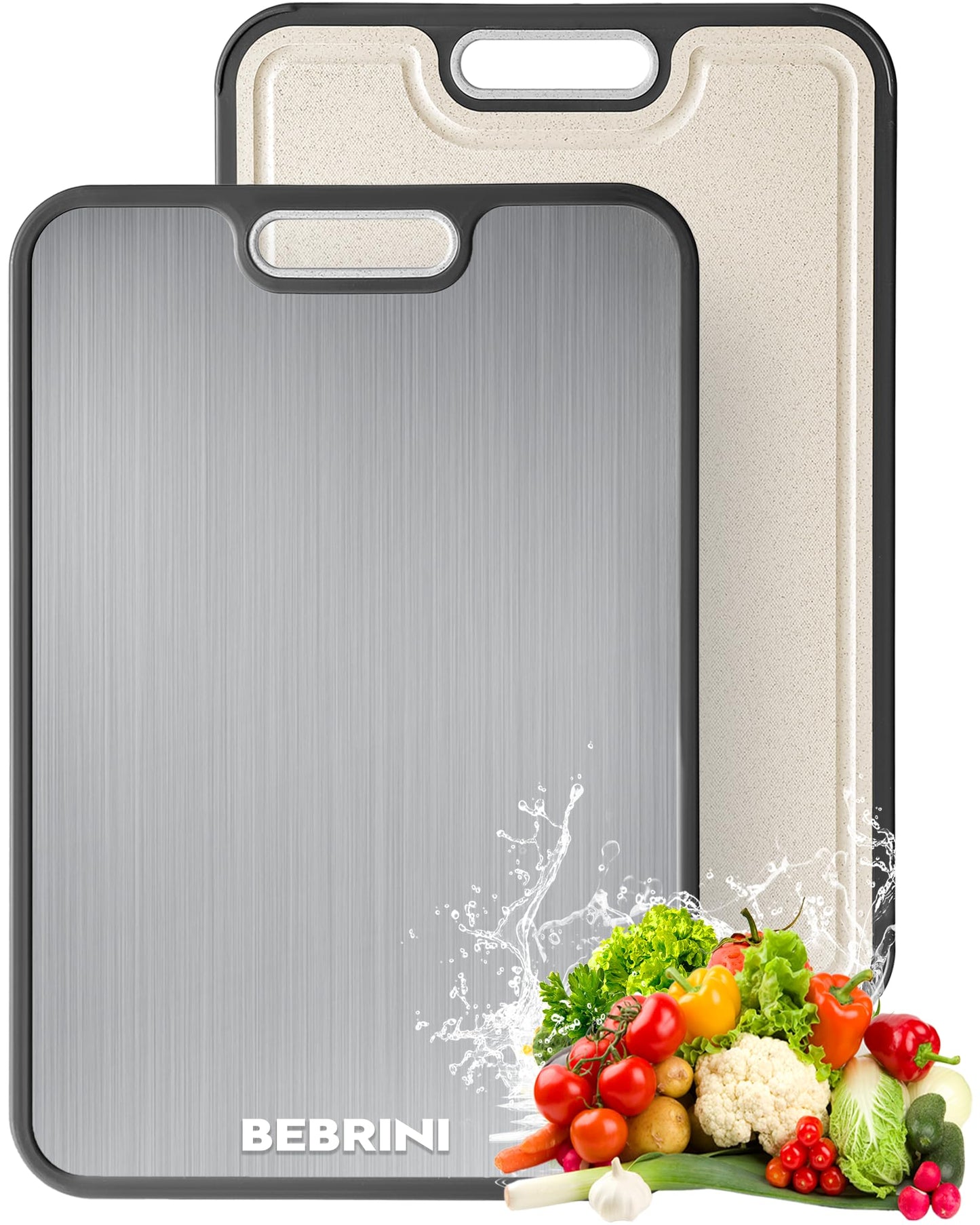 Titanium Cutting Board for Kitchen, Non Toxic Stainless Steel Cutting Board Double Sided, Food Grade Pure Titanium & Wheat Straw PP, Meat & Vegetable Chopping Boards, Scratch Resistant, Large 16”×11”