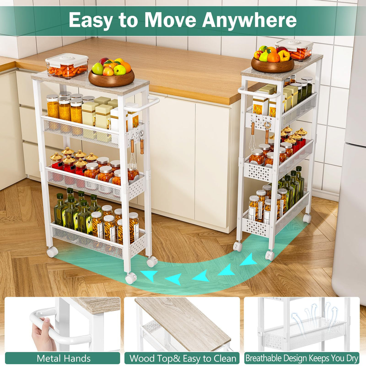 Vivihomety Utility Slim Storage Cart, 4 Tier Small Rolling Kitchen Laundry Room Cart with Wood Top, Metal Bathroom Storage Cabinet Mobile Shelf Unit Organizer Trolley with Handle for Narrow Space